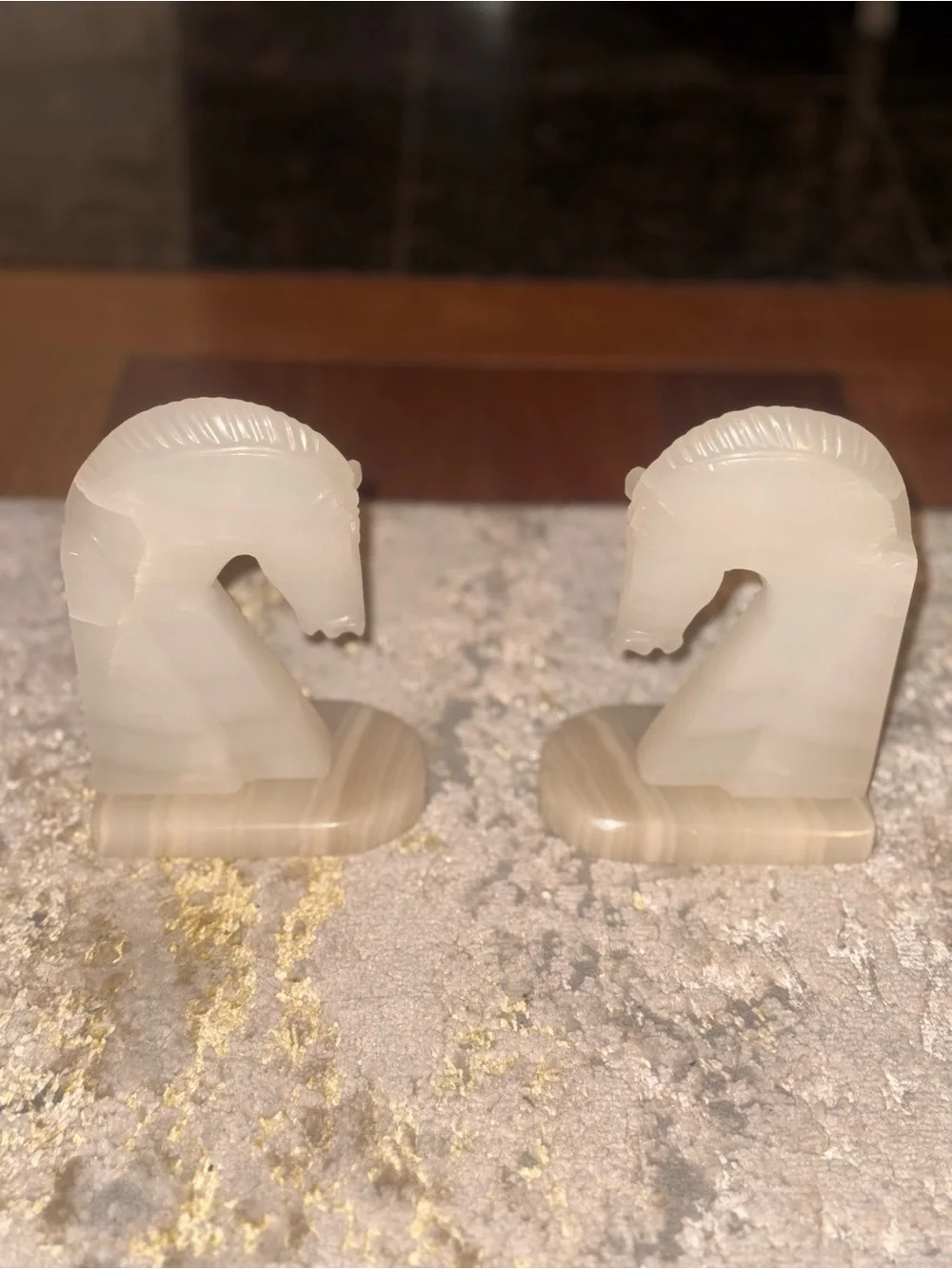 Pair of Carved White Onyx Horse Head Bookends